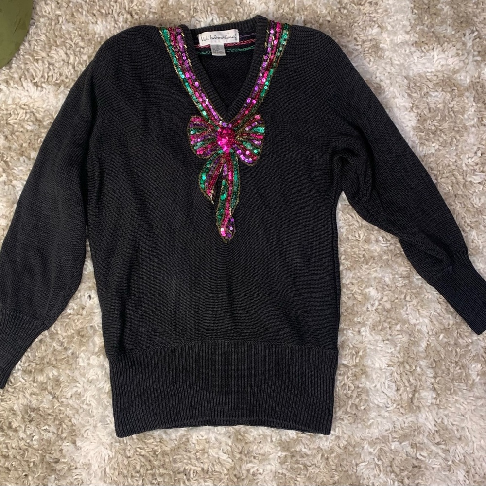Vintage Oversized Sweater Sequins Bow